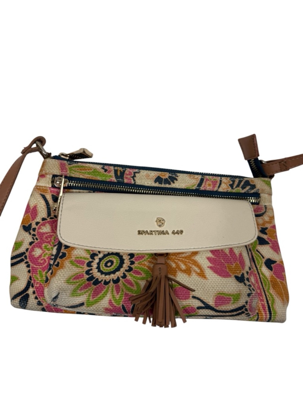 Spartina 449 Floral Canvas Crossbody with Cream Trim and Tan Strap - Picture 2 of 9